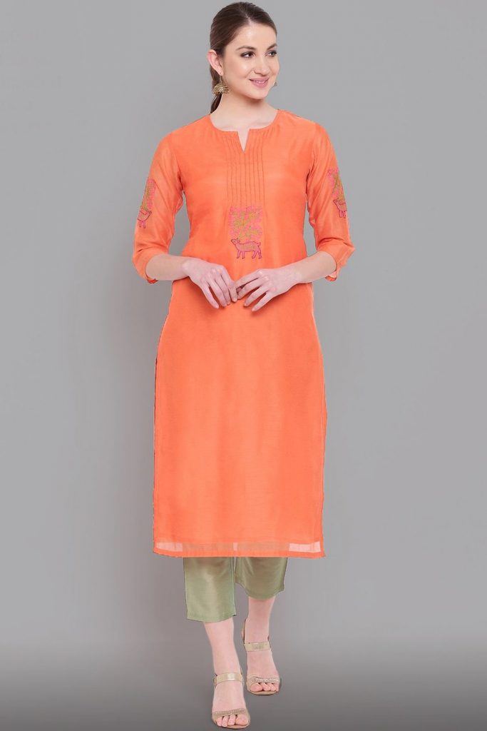 Orange Chanderi Straight Cut Kurti with Embroidery