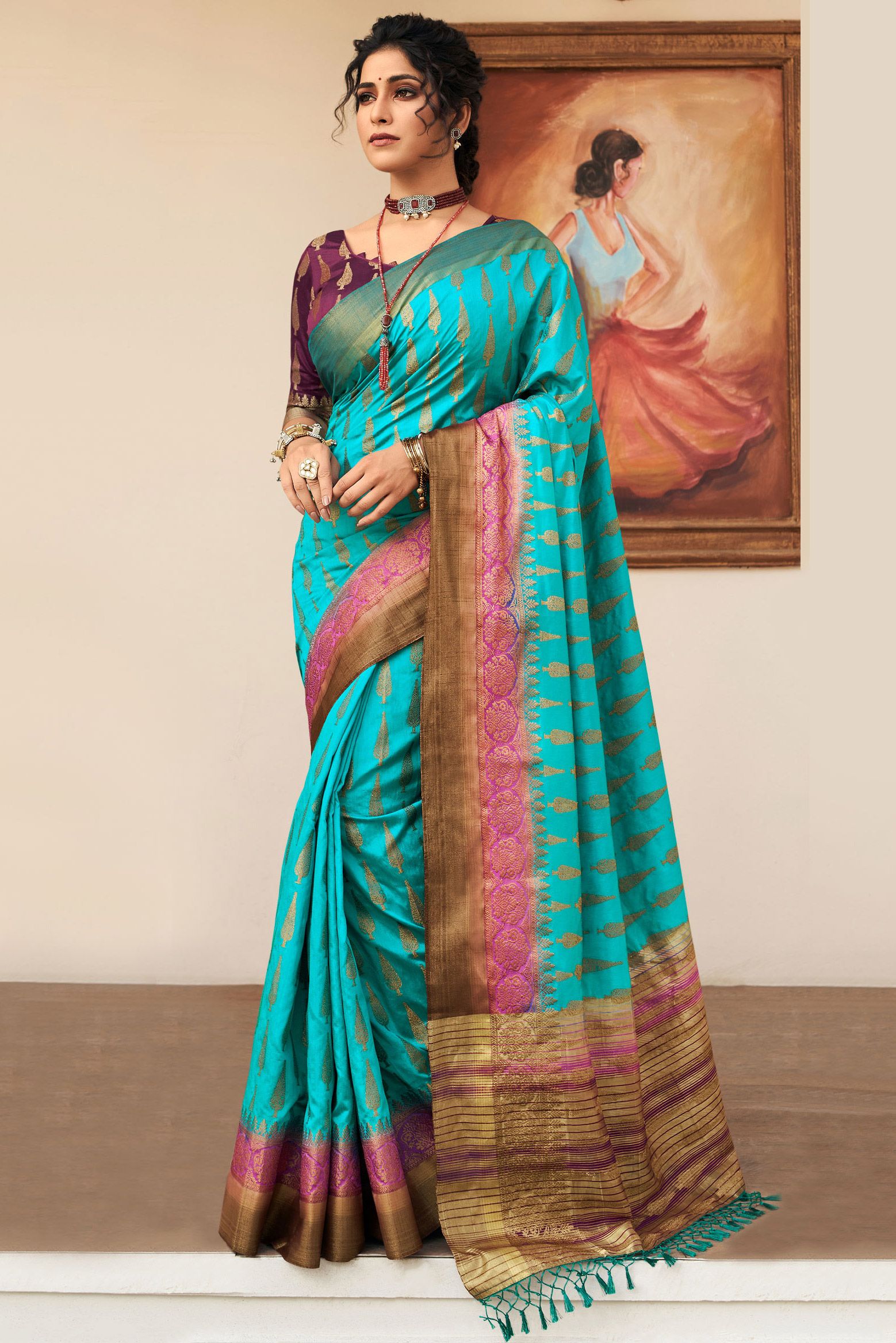 Sky Blue Banarasi Art Silk Saree - Image 3