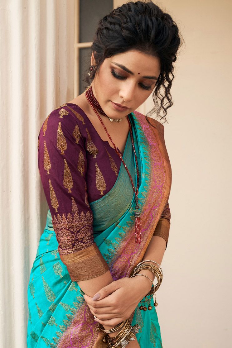 Sky Blue Banarasi Art Silk Saree - Image 2