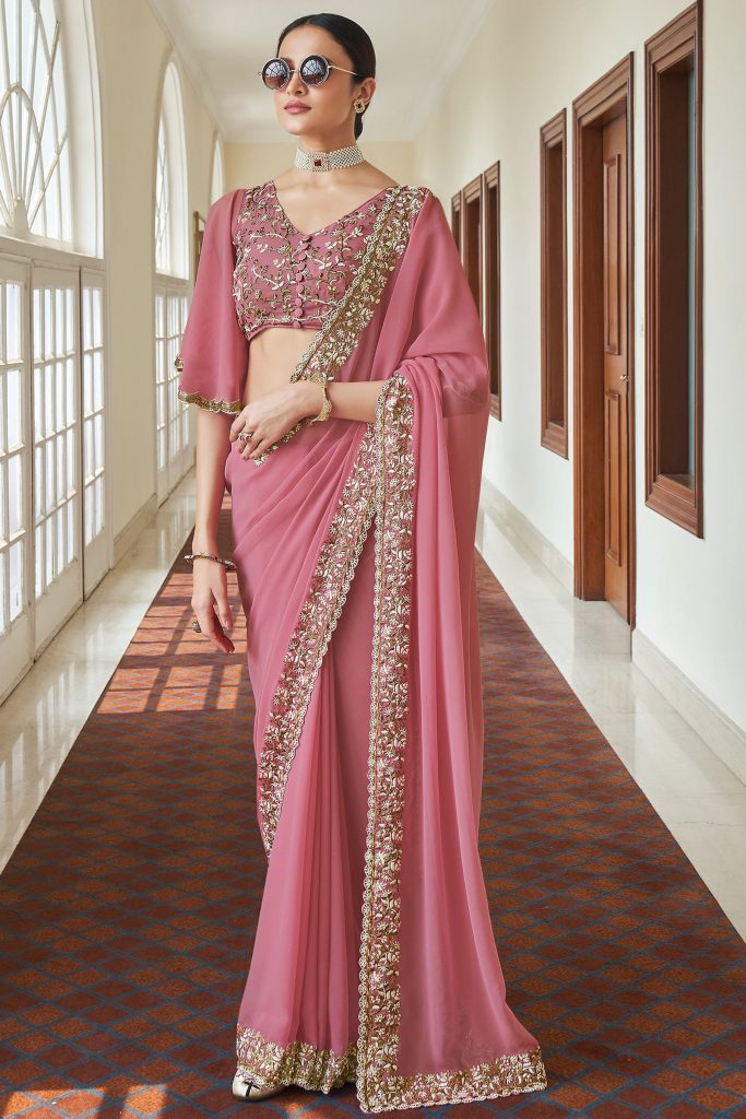 Pink Georgette Saree with Bell Sleeved Blouse