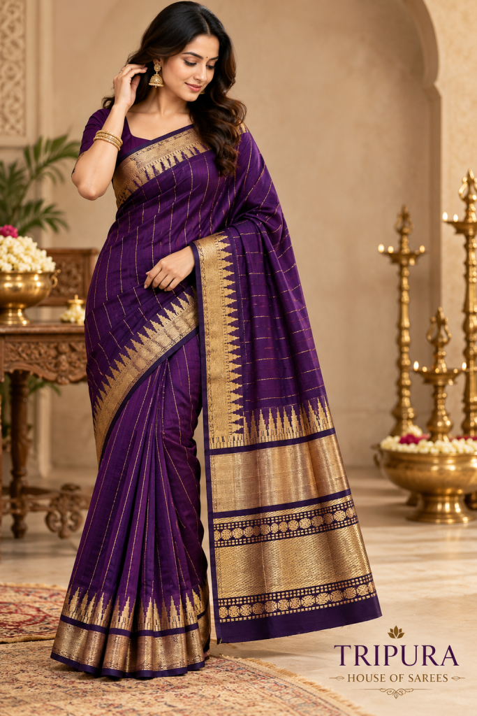 Royal Purple Checked Gold Zari Saree