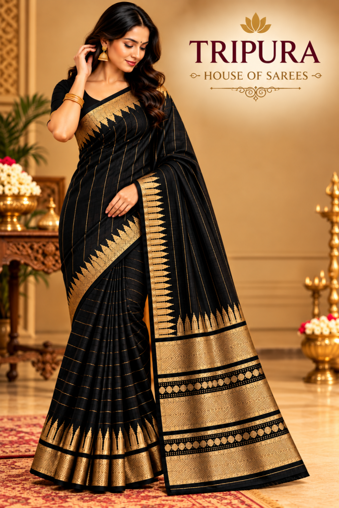 Black Checked Gold Zari Saree