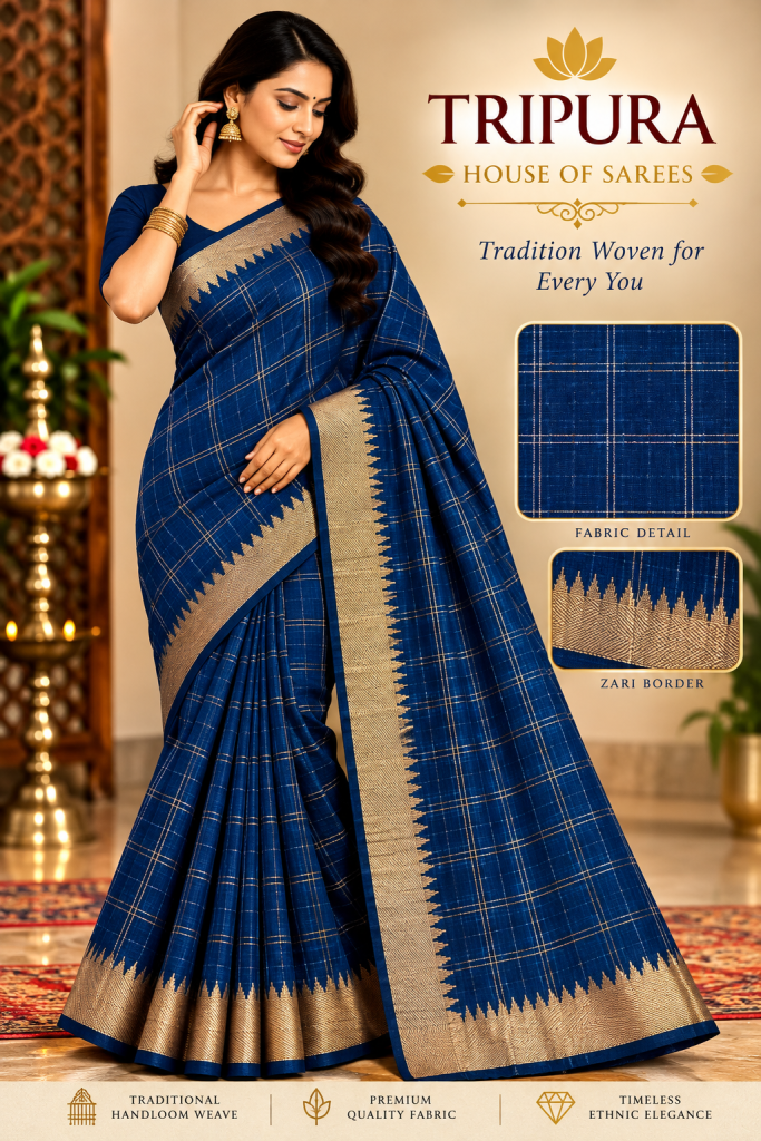 Blue-Color- Zari Checked Saree