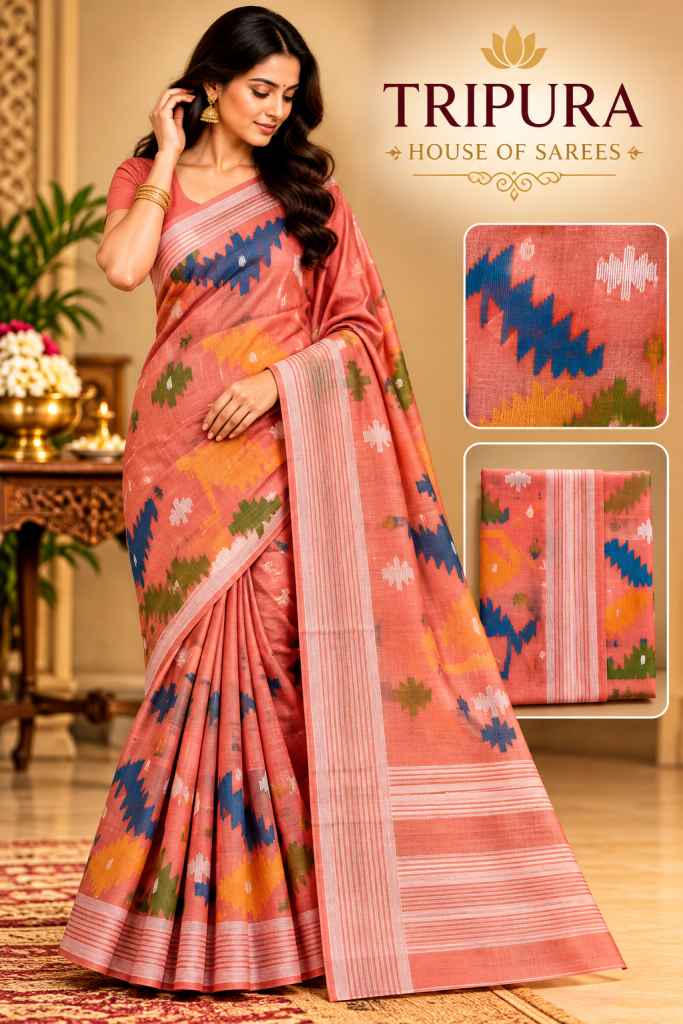 Coral Peach Geometric Pattern Saree