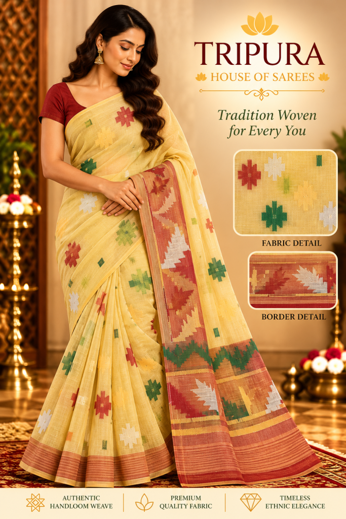 Cotton Jamdani Saree with Yellow Color Geometric Pattern