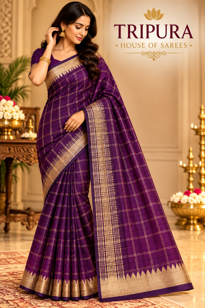 Violet Gold Zari Checked Saree