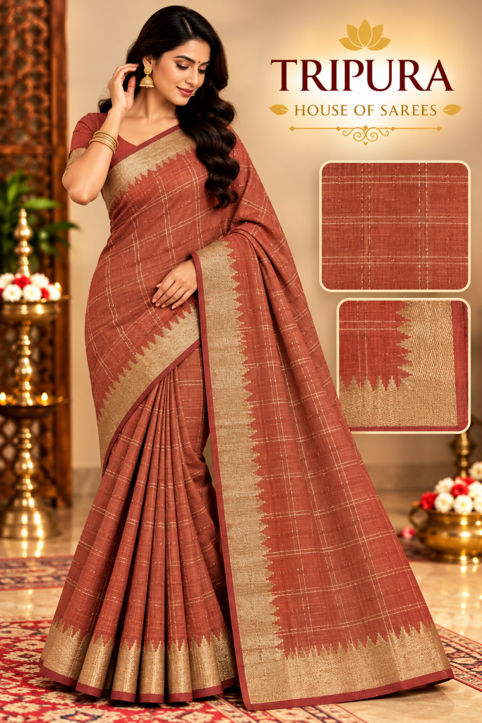 Rust-Color- Zari Checked Saree