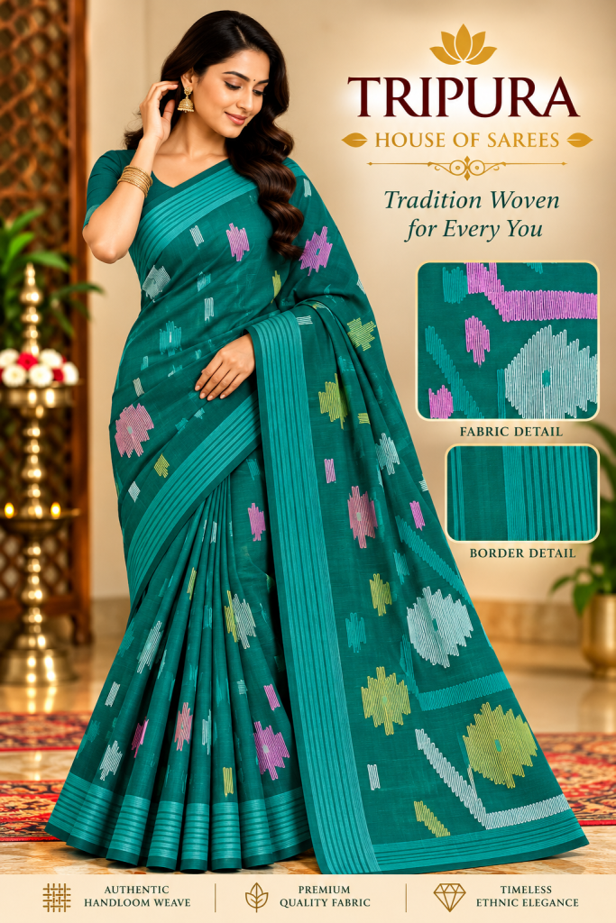 Cotton Jamdani Saree With Teal Color Geometric Pattern