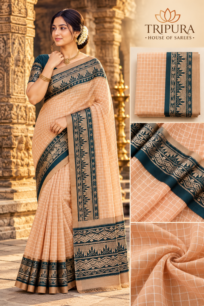 Cotton Gadwal Saree With Navy Blue Border