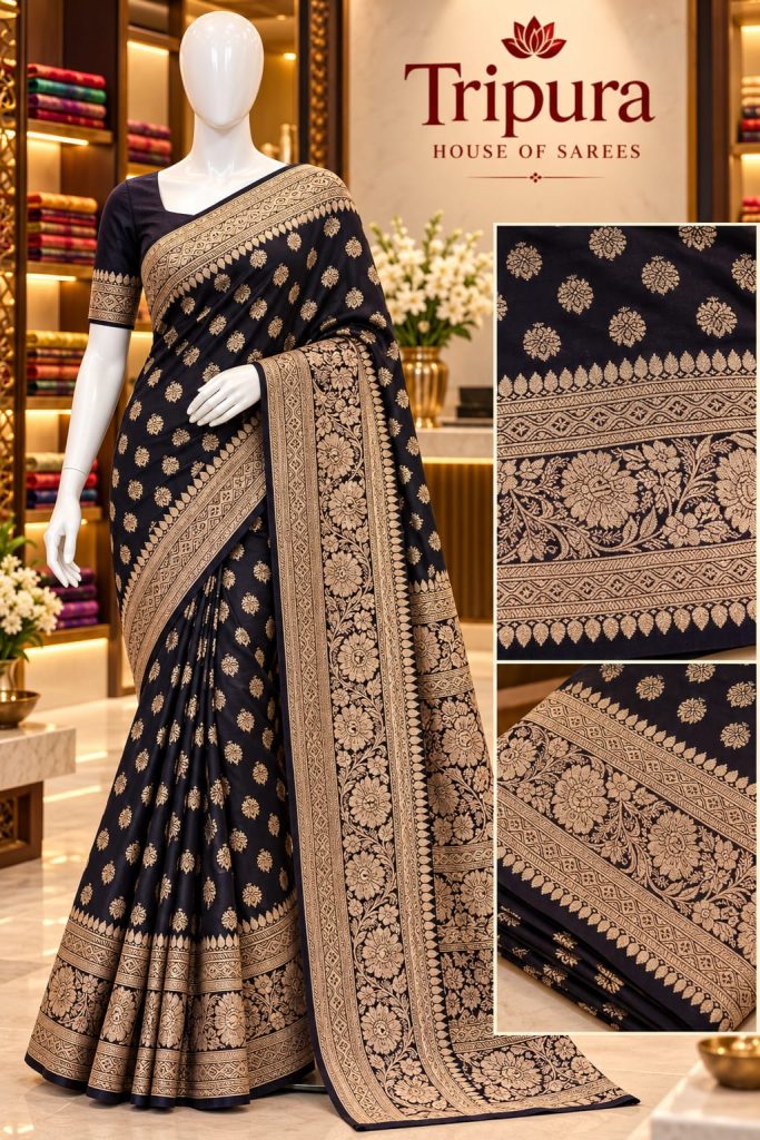 Black Antique Gold Floral Brocade Saree