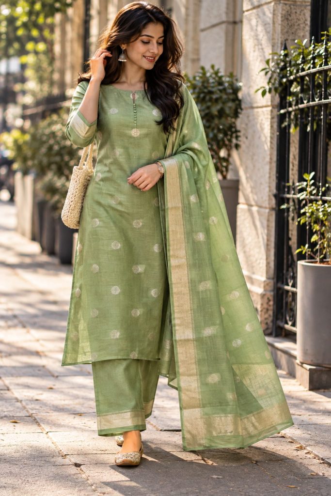 Green Dress Material with Silver Floral Zari Border
