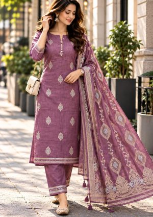 Dusty Mauve Purple Dress Material with Gold Paisley Zari Border
