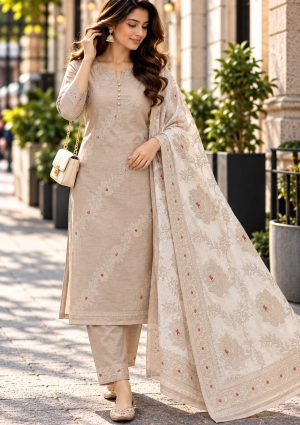 Ivory White & Champagne Beige Floral Dress Material with Maroon Accents