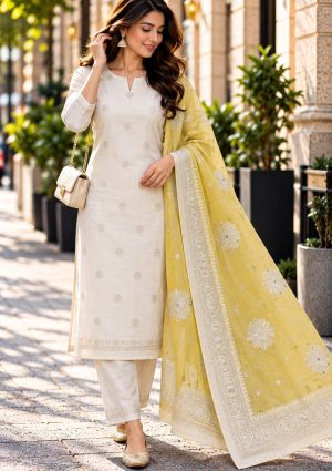 Ivory White & Mustard Yellow Dress Material with Silver Zari Border