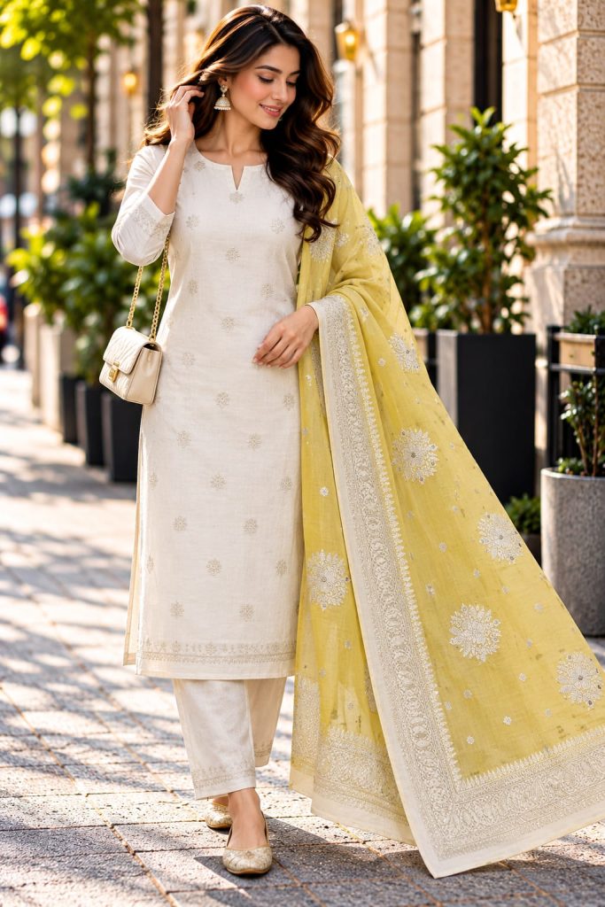 Ivory White & Mustard Yellow Dress Material with Silver Zari Border