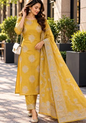 Yellow Dress Material with Silver Floral Butti Work