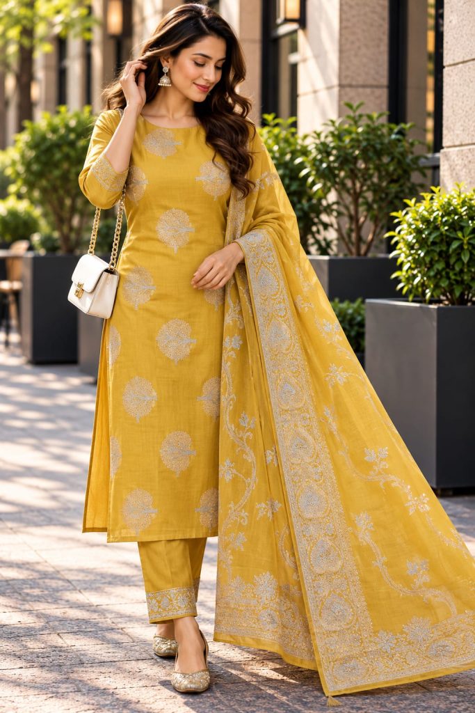 Yellow Dress Material with Silver Floral Butti Work