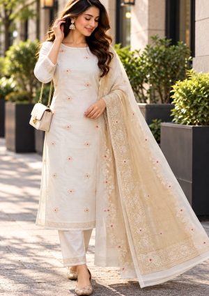 Ivory White & Champagne Gold Dress Material
