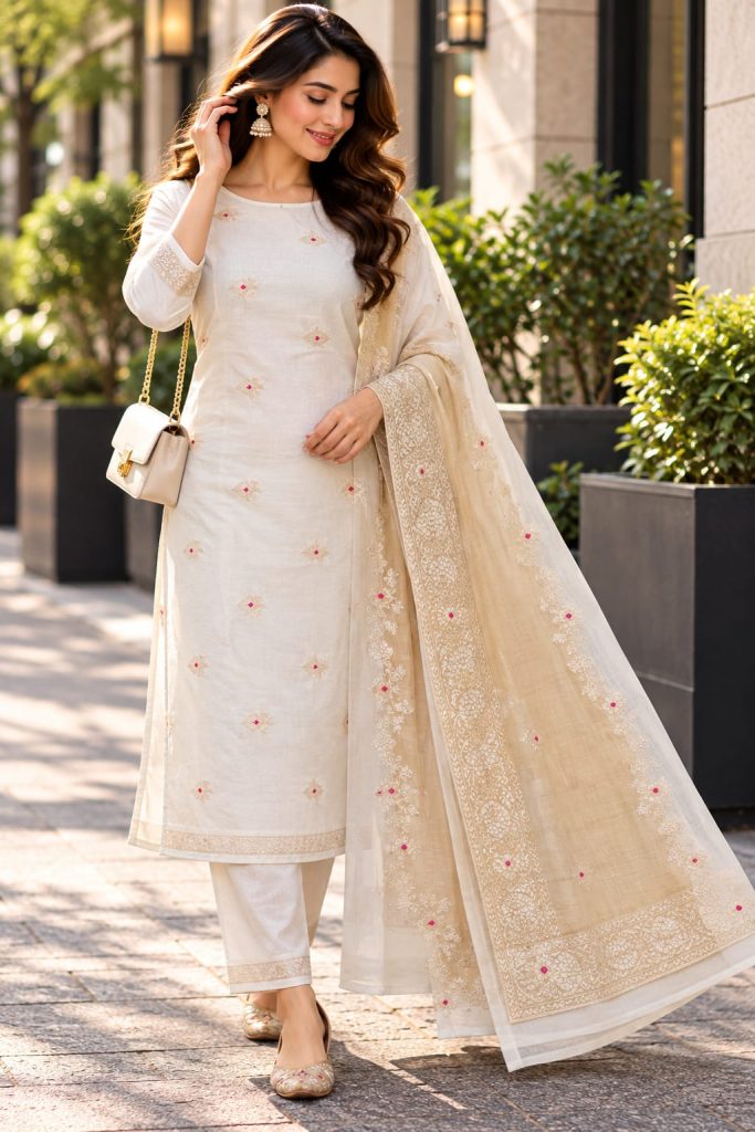 Ivory White & Champagne Beige Floral Dress Material with Red Accents