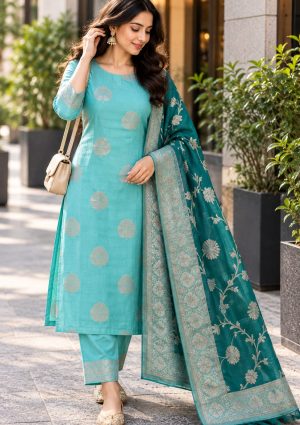 Turquoise Blue Dress Material with Silver-Gold Floral Butti