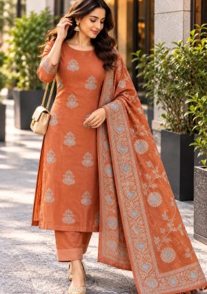 Rust Orange Dress Material with Silver Floral Butti Work