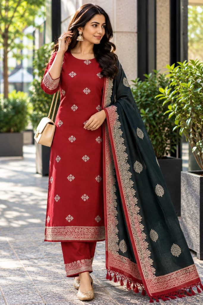 Red& Black Silver Zari Ethnic Dress Material