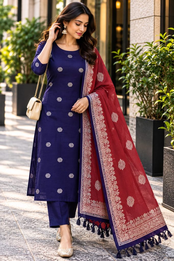 Maroon & Navy Blue Silver Zari Ethnic Dress Material