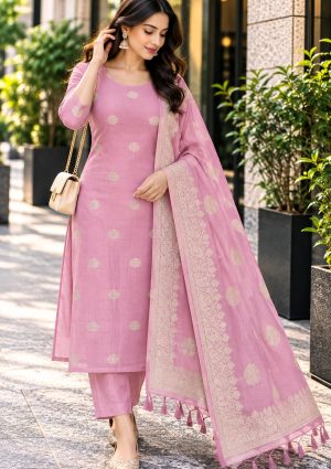 Rose Pink Dress Material with Gold Butti Design