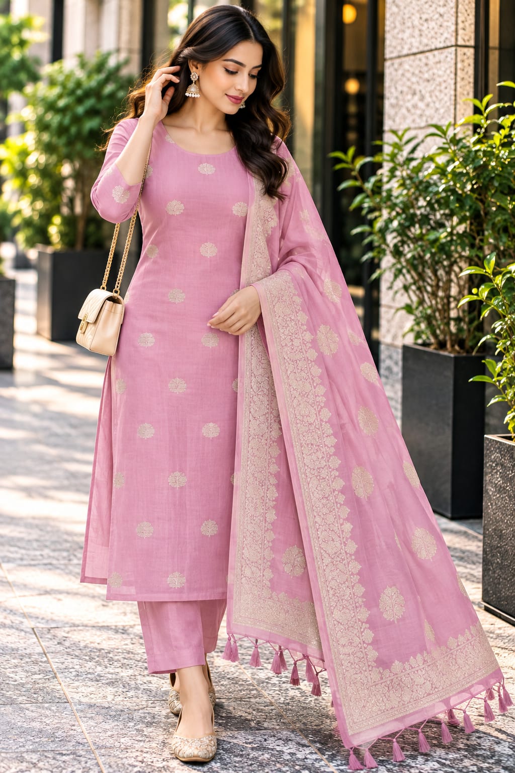 Rose Pink Dress Material with Gold Butti Design