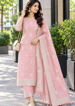 Dusty Pink Dress Material with Metallic Leaf Butti