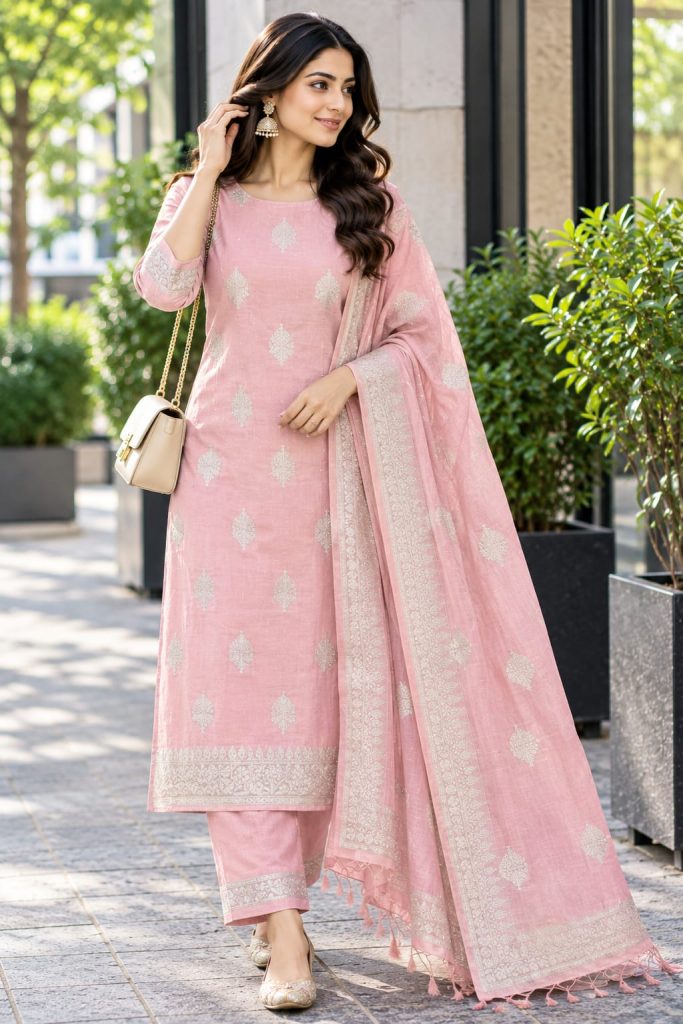 Dusty Pink Dress Material with Metallic Leaf Butti