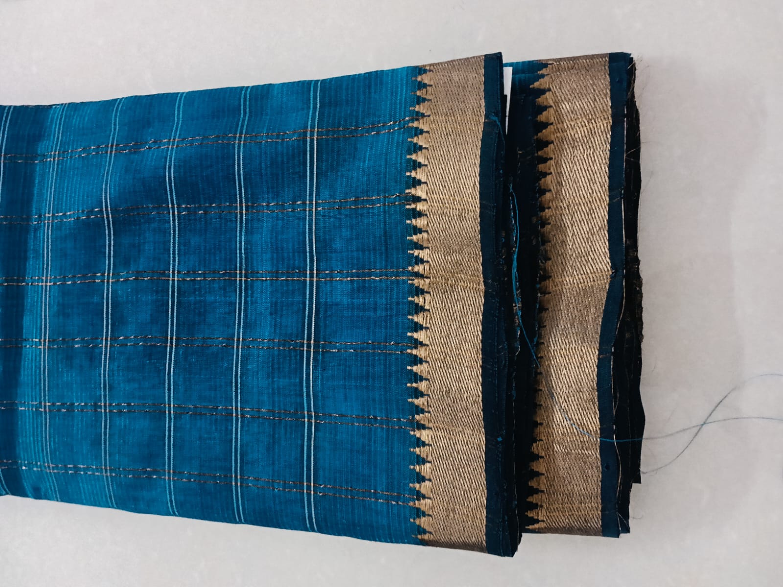 Teal- Zari Checked Saree - Image 3