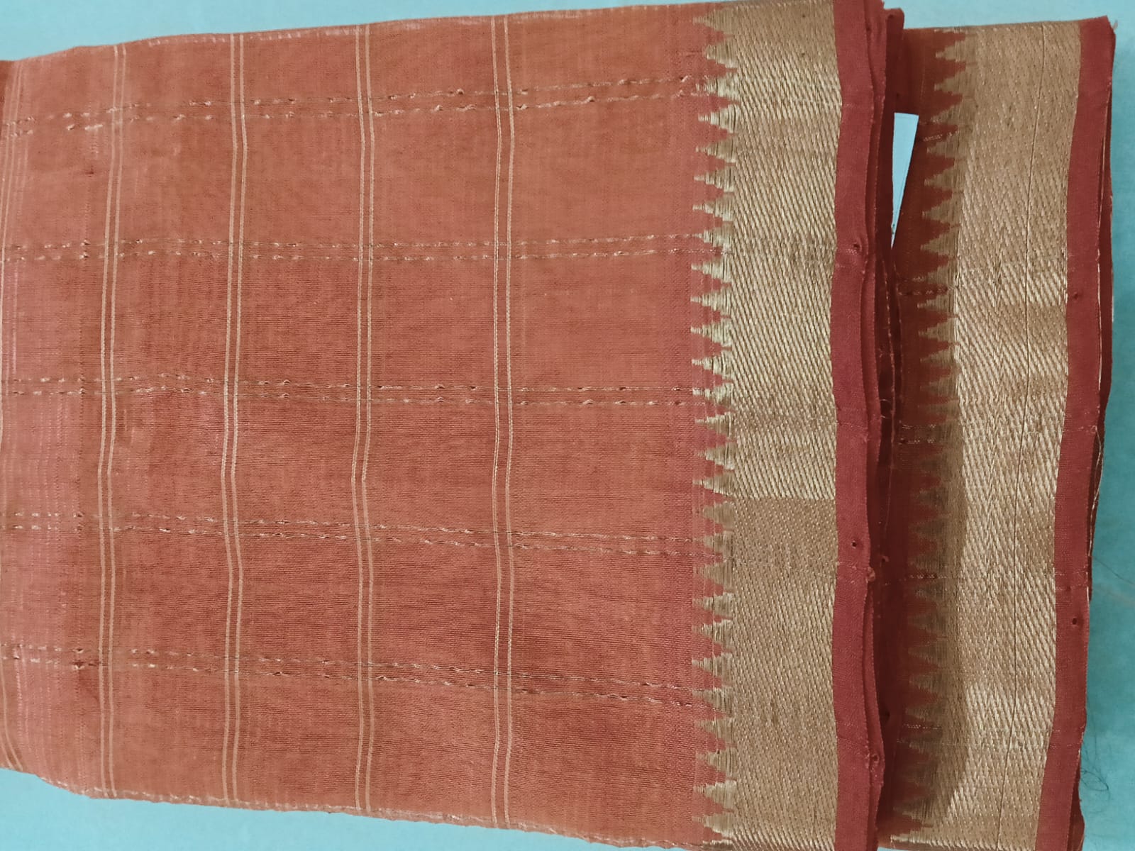 Rust-Color- Zari Checked Saree - Image 4