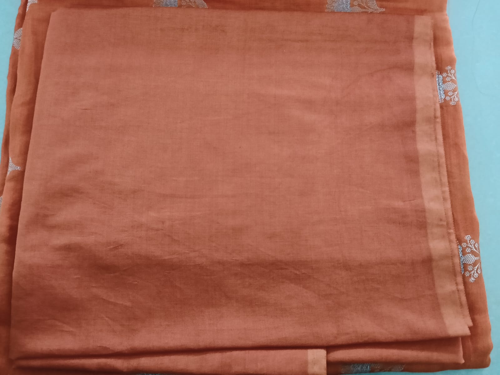 Rust Orange Dress Material with Silver Floral Butti Work - Image 3