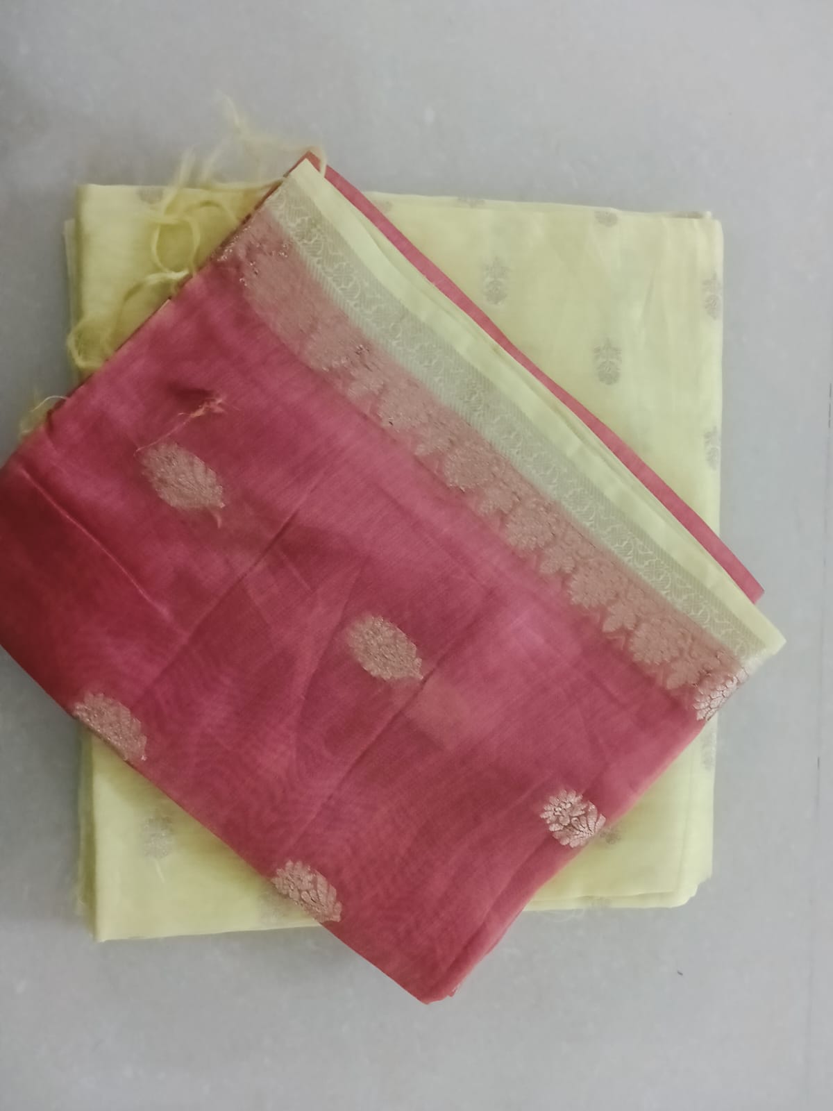 Lemon Yellow & Rose Pink Floral Zari Dress Material - Image 3