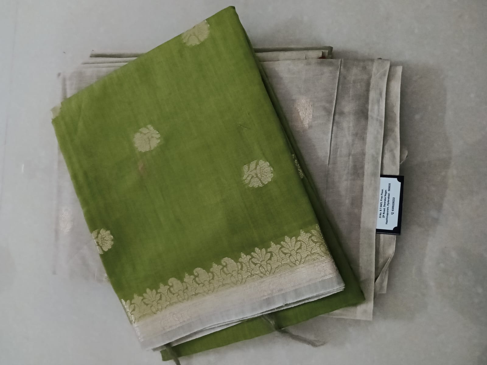 Olive Green & Silver Grey Floral Border Dress Material - Image 3