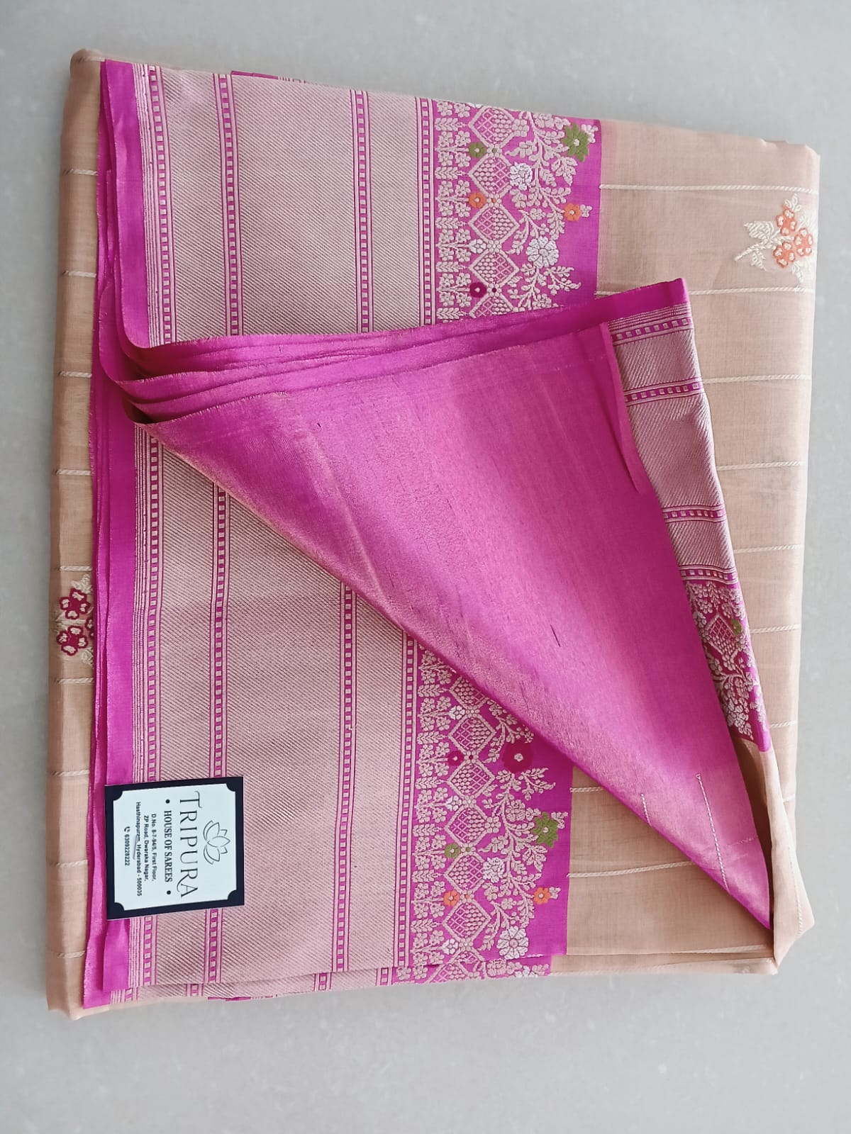 Tisue Banarasi Orange Saree with Pink Floral Border - Image 3