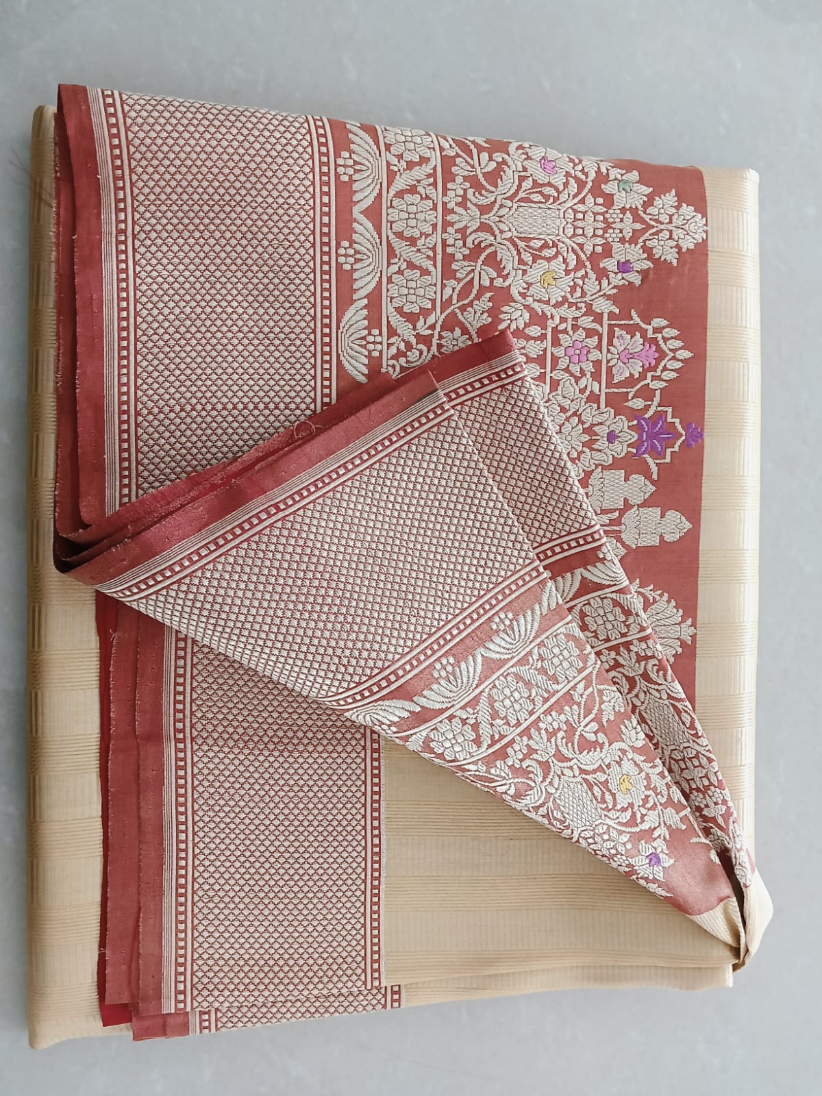 Tisue Banarasi Orange Saree with Red Floral Border - Image 3