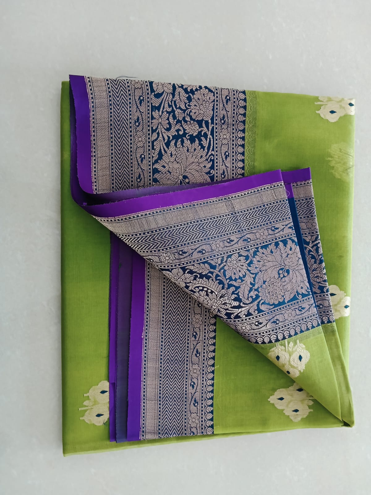 Lime Green & Navy Blue Pattu Saree - Image 2